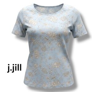 J. Jill Light Blue and Cream Floral Short Sleeve Top - Petite Small